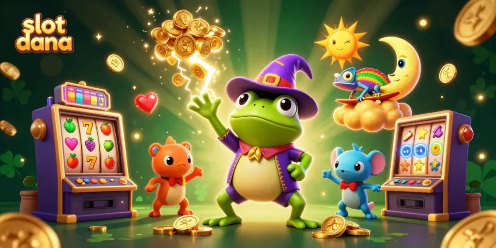 Slot dana menawarkan keseruan mesin slot dengan simbol keberuntungan dan koin emas berkilau.
