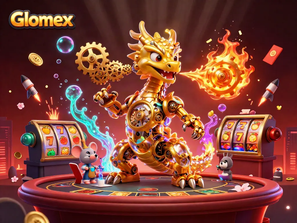 Experience the thrill of Glomex casino games with a vibrant illustration showcasing poker tables and slot reels.