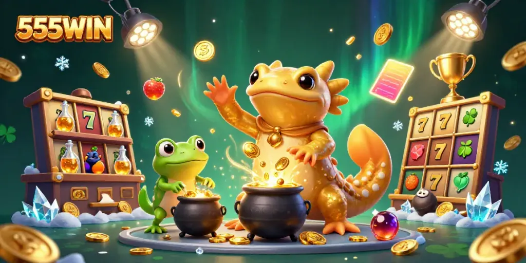 Exciting gaming scene of 555WIN with golden salamander and vibrant slot machines