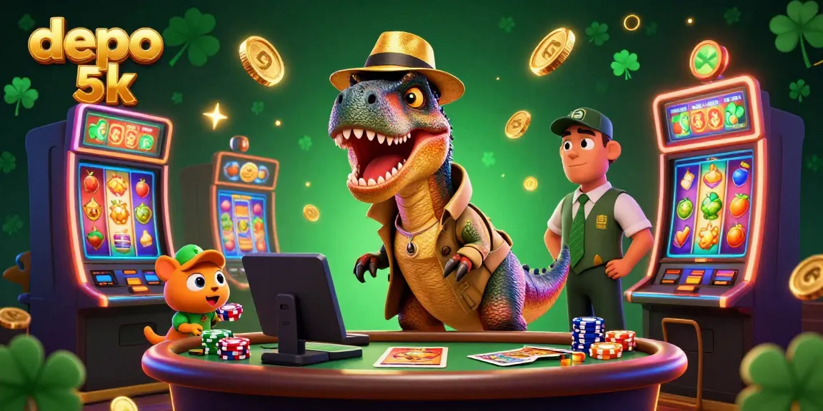 Slot depo 5k yang menarik dengan velociraptor sebagai dealer di meja, menyajikan peluang menang yang tinggi.