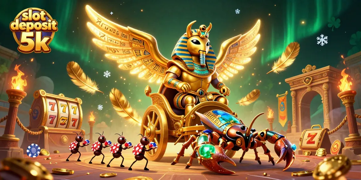 Experience the excitement of slot deposit 5k with a vibrant 3D illustration of a colossal scarab, scorpions, and poker chips.