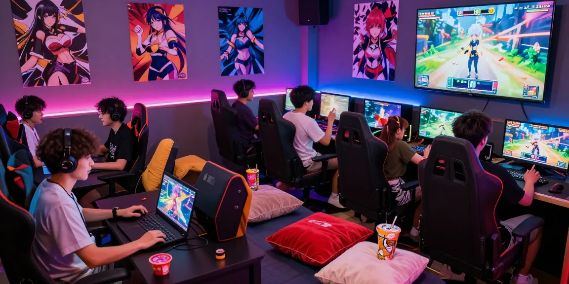 Gamers enjoying hentai games in a vibrant gaming lounge, showcasing devices, excitement, and an engaging atmosphere.