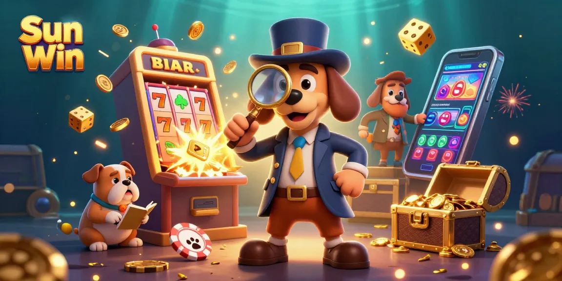 Experience Sun Win with a 3D detective uncovering golden poker chip clues in a vibrant casino setting.