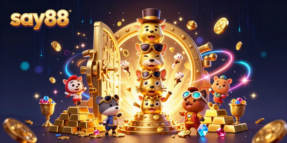 Experience the excitement of say88 with a dazzling casino-themed 3D illustration featuring treasure and gaming elements.