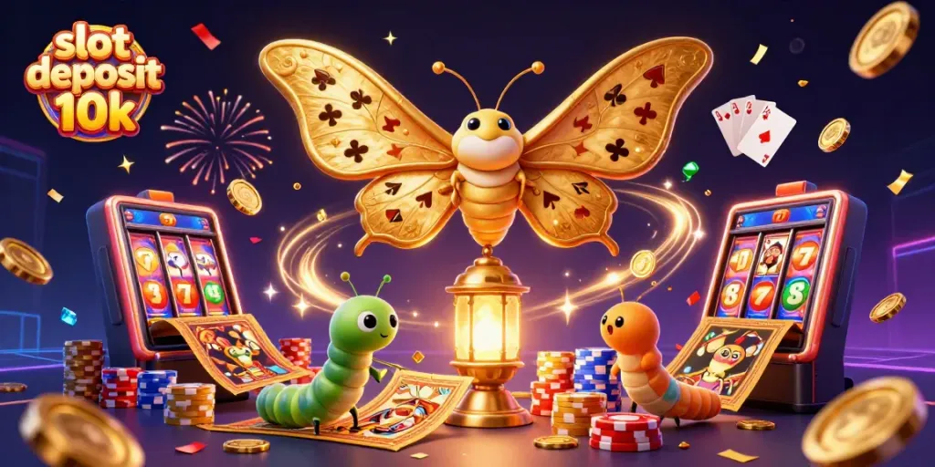Spin the slot deposit 10k reels with golden moths amidst coins and jewels.