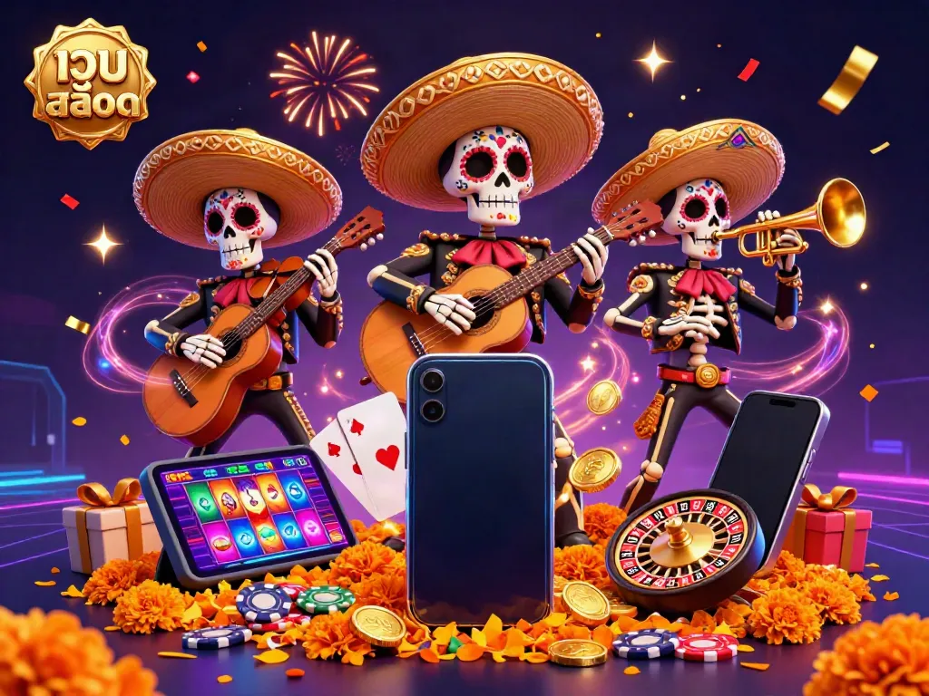 Experience exciting เว็บสล็อต action with a vibrant mariachi band surrounded by festive game elements, celebrating the world of online slots.