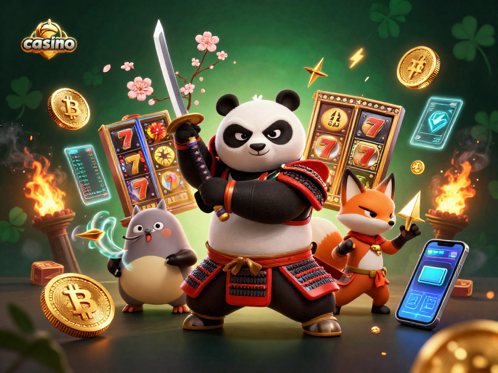 Engaging casino scene with samurai panda and ninja fox characters, showcasing thrilling slot game action.