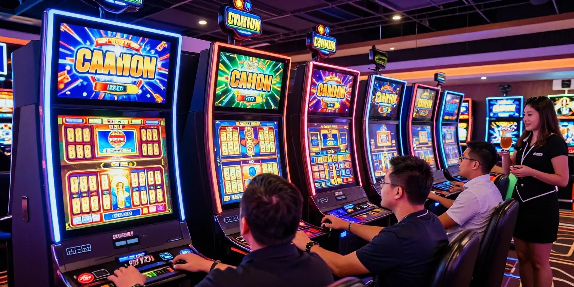 Pengalaman bermain slot gacor yang mengasyikkan di kasino, pemain bersemangat menekan tombol mesin slot.