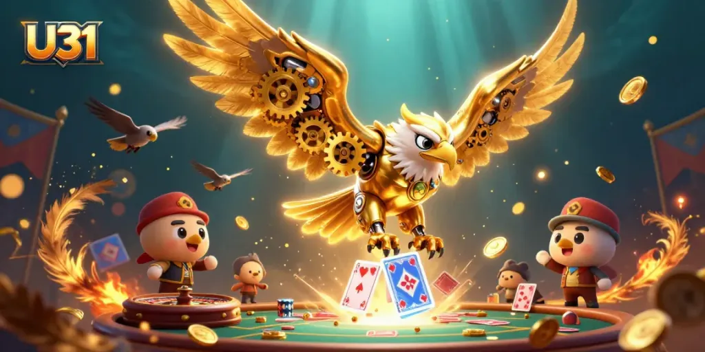 Experience thrilling action at U31 with a dynamic scene featuring a golden eagle amidst playing cards and casino elements.