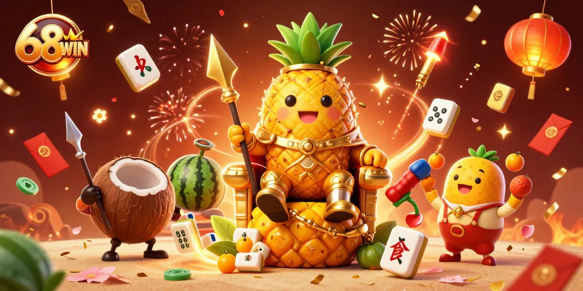 Engage with the vibrant world of 68WIN, featuring golden pineapple king and dynamic casino elements.