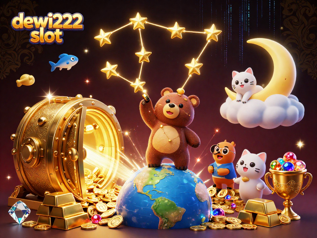 Win big with dewi222 slot as a constellation bear scoops coins amidst vibrant treasures.