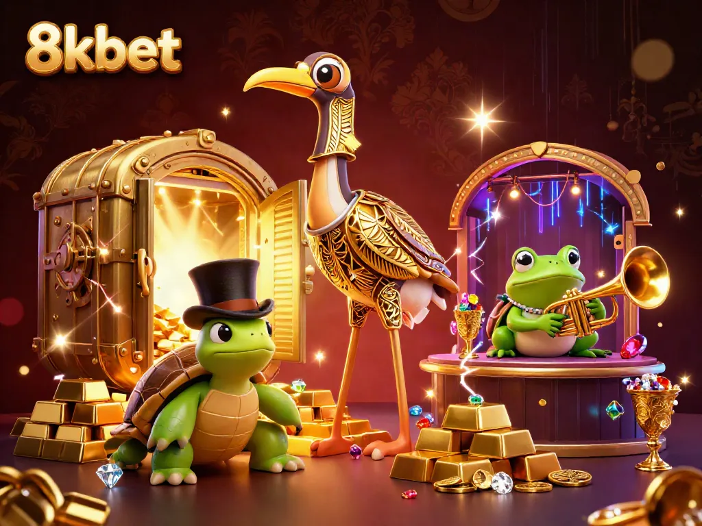 Win big at 8kbet with animated treasures and lively casino characters in a vibrant scene.