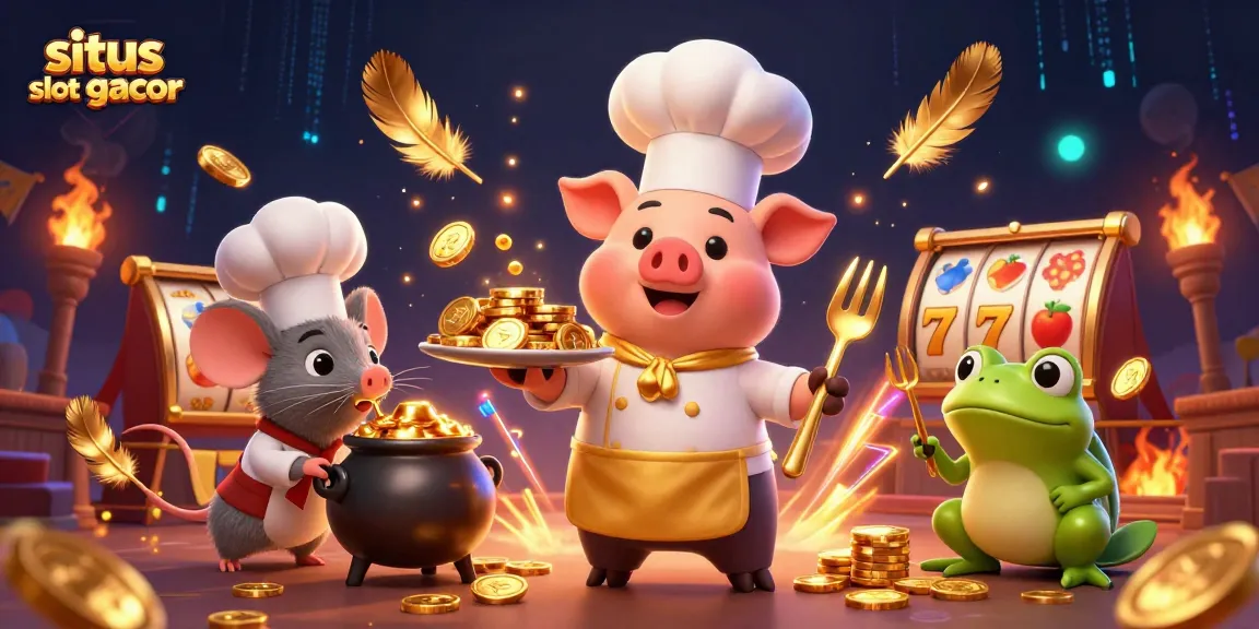 Join the excitement at situs slot gacor with a whimsical illustration of a chef pig, sous-chef mouse, and critic frog in a casino