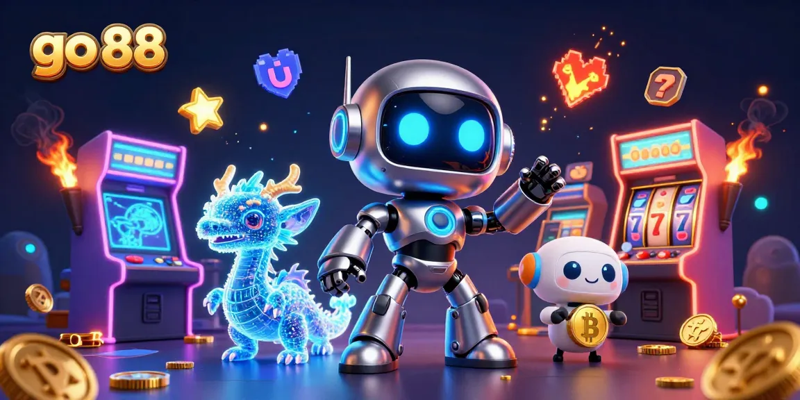 Engage with go 88 as the vibrant casino scene unfolds, featuring a cyberpunk robot and game elements.
