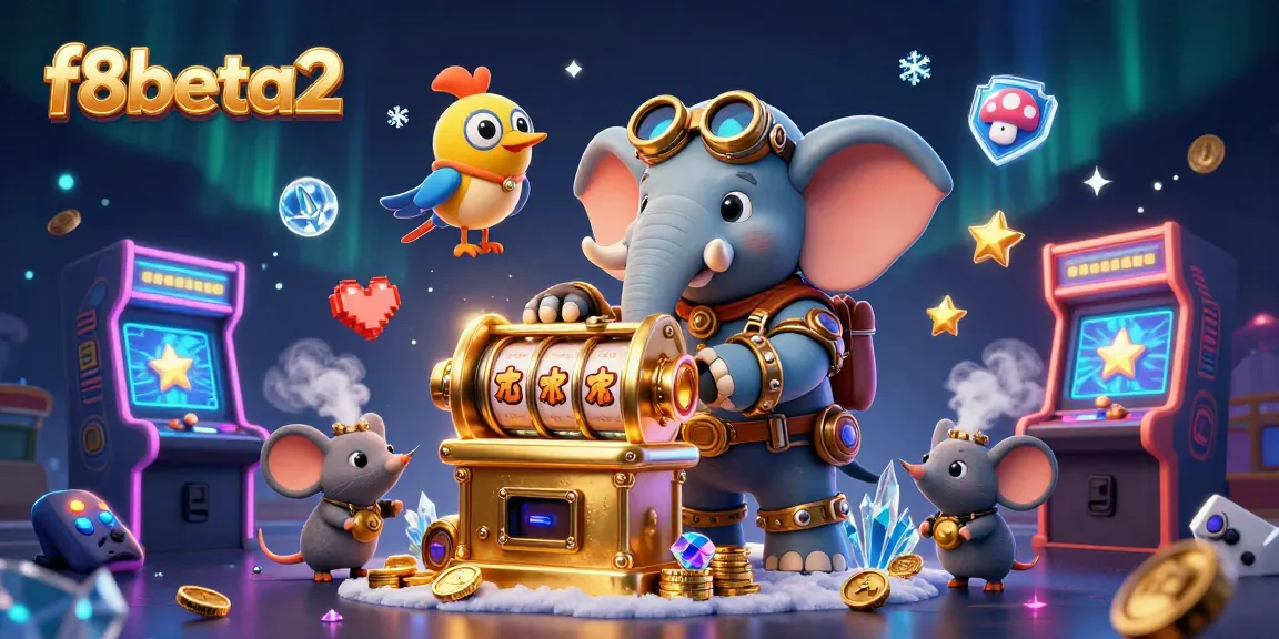 Experience the excitement of f8beta2 with a steampunk elephant operating a golden slot machine in a vibrantly animated scene.