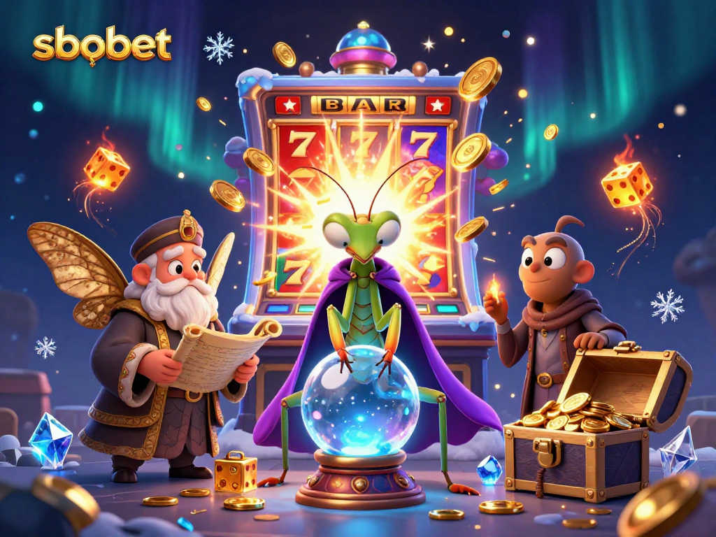 Engage with sbobet's thrilling experience featuring a mystical fortune teller predicting wins amidst a jackpot bursting with excitement.
