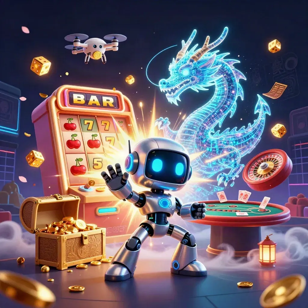 Robot, holographic dragon, and coin drone amid slot jackpots in a dark neon casino scene.