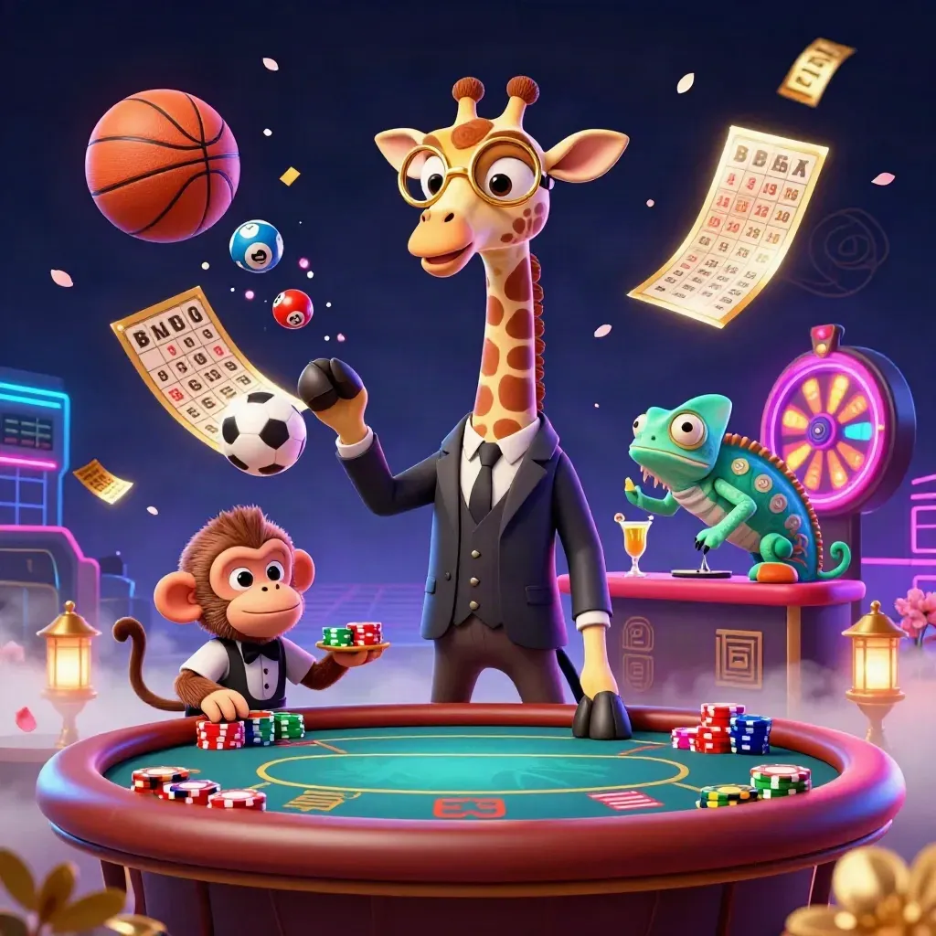 Giraffe, monkey and chameleon in a neon casino burst with basketballs, chips and lights.