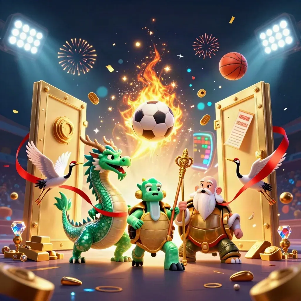 Dragon, turtle sage and cranes erupt around a frozen soccer ball, vault gold, and stadium light.