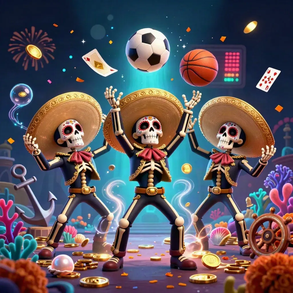 Day-of-the-Dead skeleton mariachi trio amid treasure-cove casino chaos, coins, balls, and neon sparks.