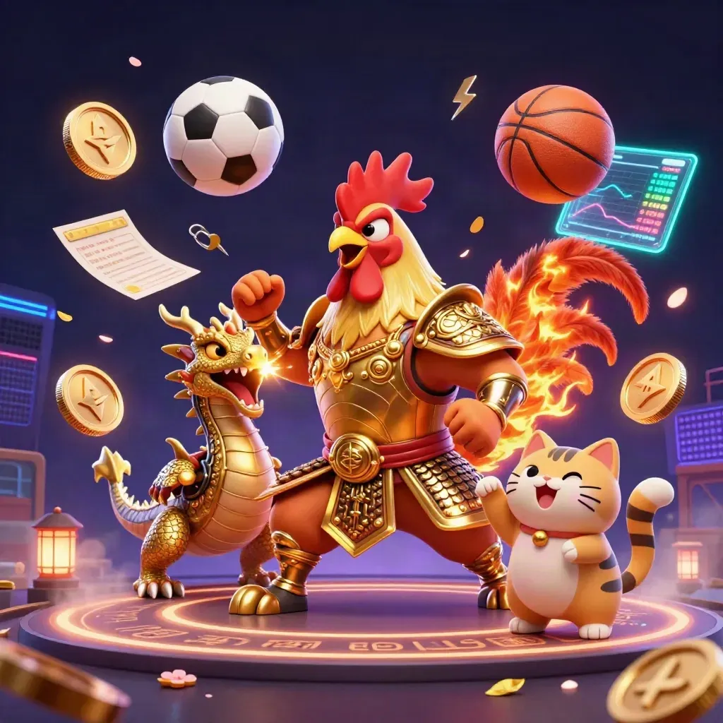 Rooster warrior, dragon hatchling, and fortune-cat amid casino coins, balls, sparks, and neon fog.