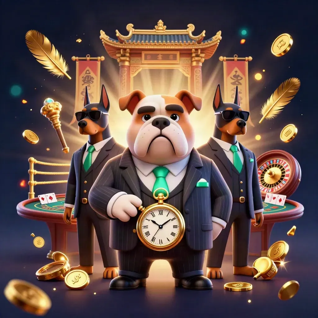 Bulldog mob boss with two Dobermans in a neon casino scene of roulette, coins, temple gate, and smoke.