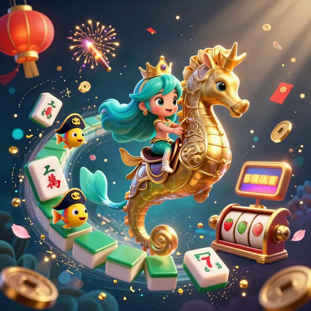 Mermaid princess on armored seahorse with pirate fish, coins, lanterns, and glowing casino effects