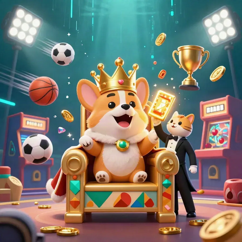 Royal corgi and cat butler amid casino treasure, balls, neon sparks, and underwater light rays.