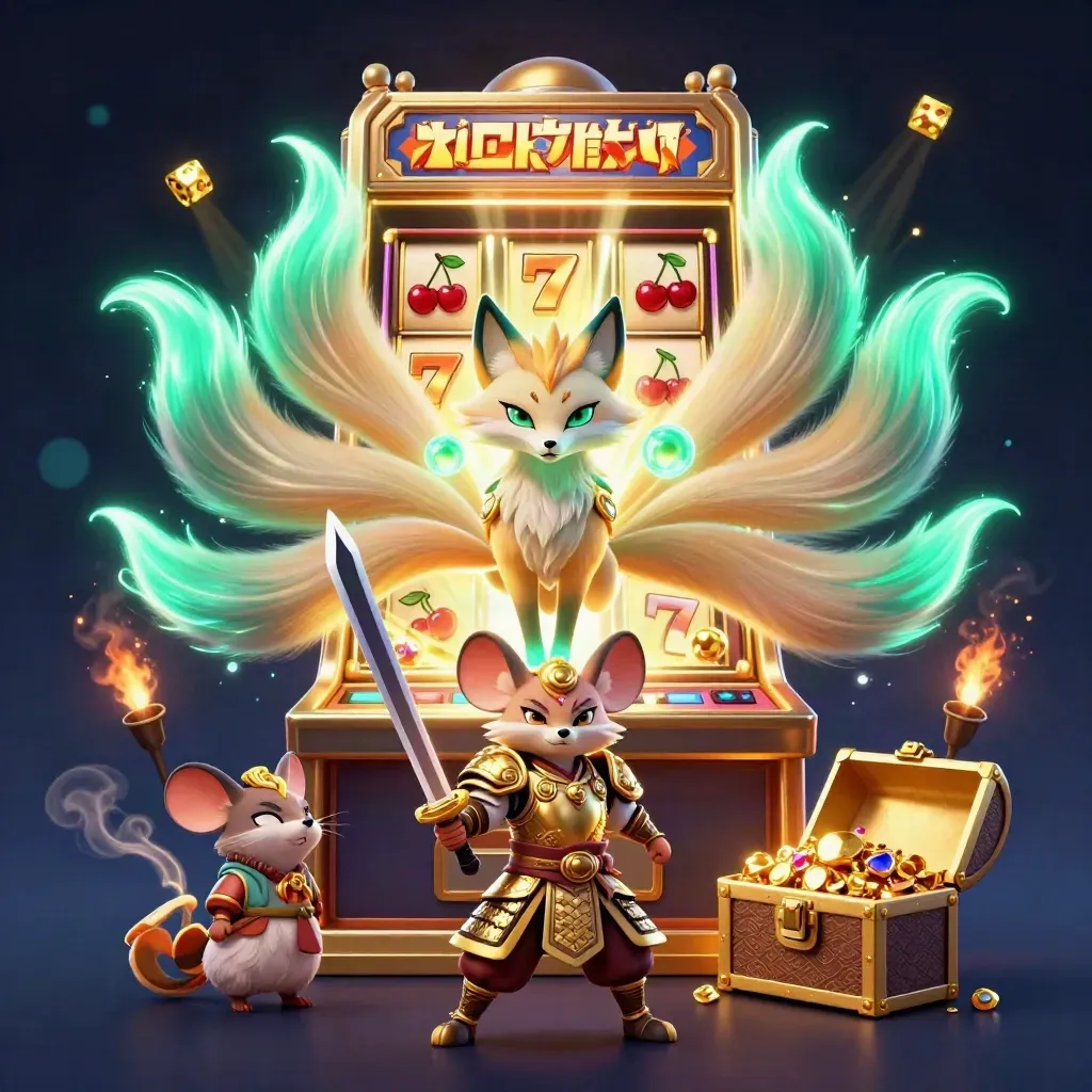 Nine-tailed fox spirit and armored mouse amid bursting slot machine riches in neon emerald.