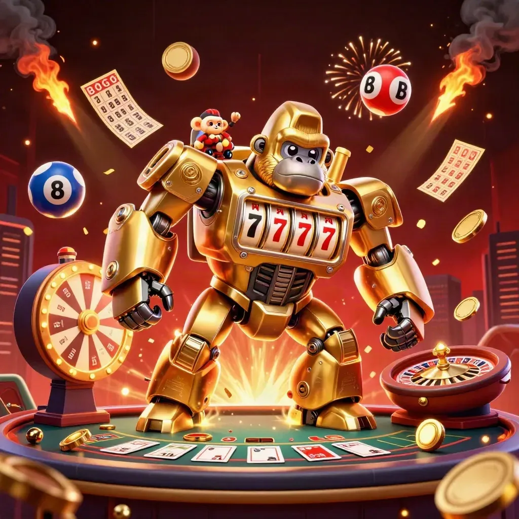 Golden gorilla mech, monkey pilot, casino reels, coins, balls, wheel, cards, fireworks.