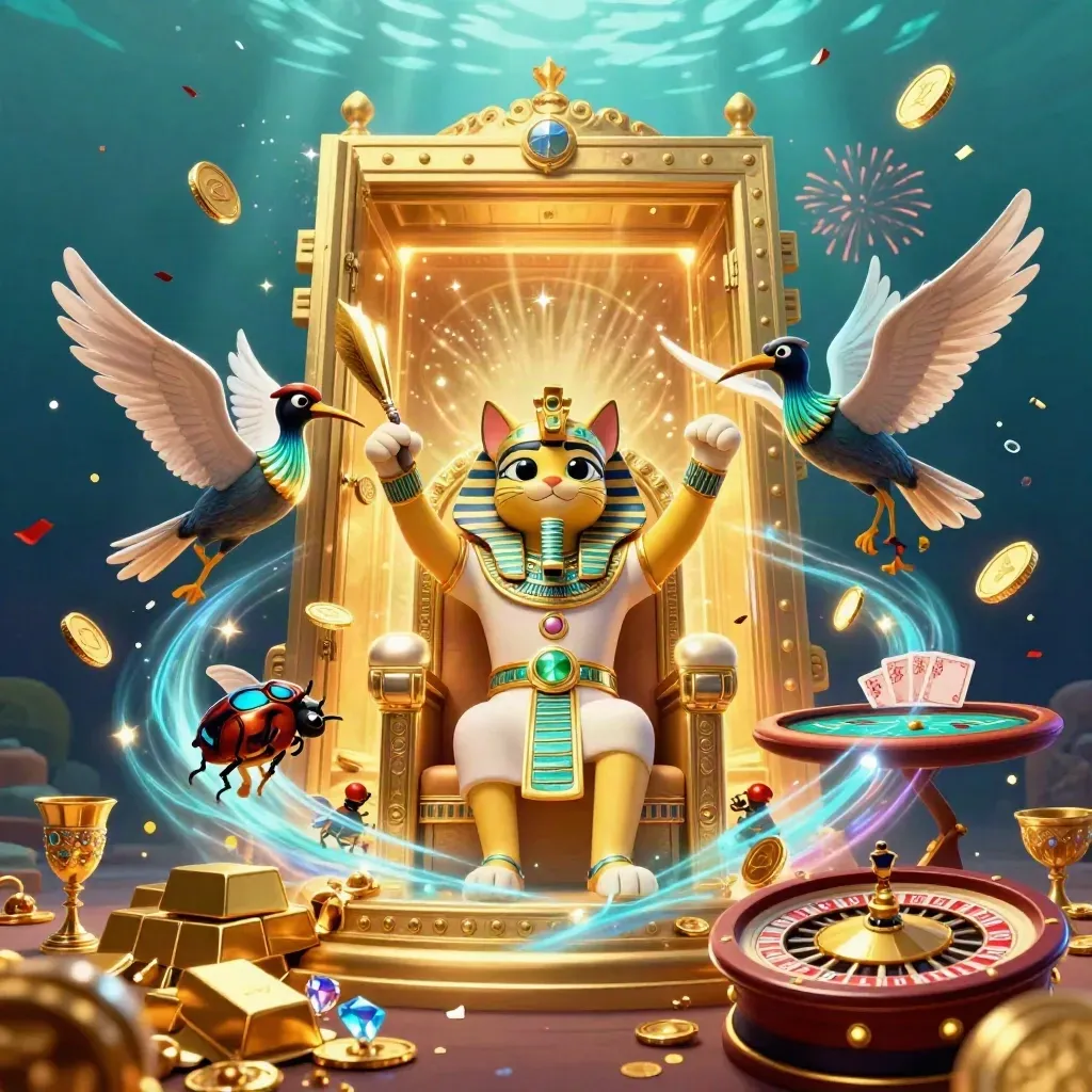 Pharaoh cat on a gold throne with scribe, scarabs, vault, coins, roulette wheel, and fireworks.