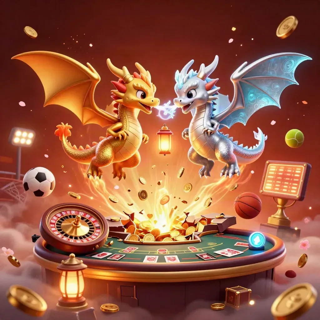 Gold and silver dragons burst through coins, fireworks, and casino lights in a luxe fantasy scene.