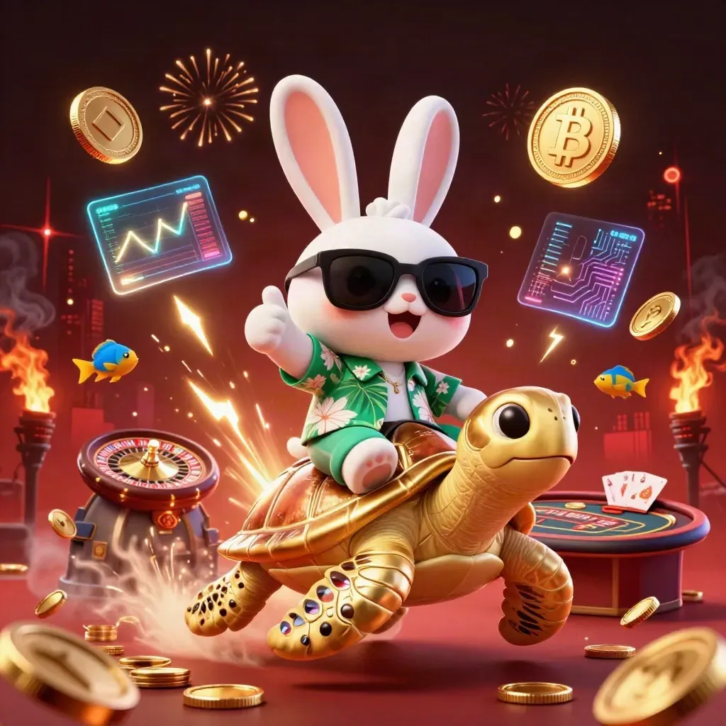 Rabbit on a golden turtle amid coins, crypto icons, roulette wheel, and casino light bursts.