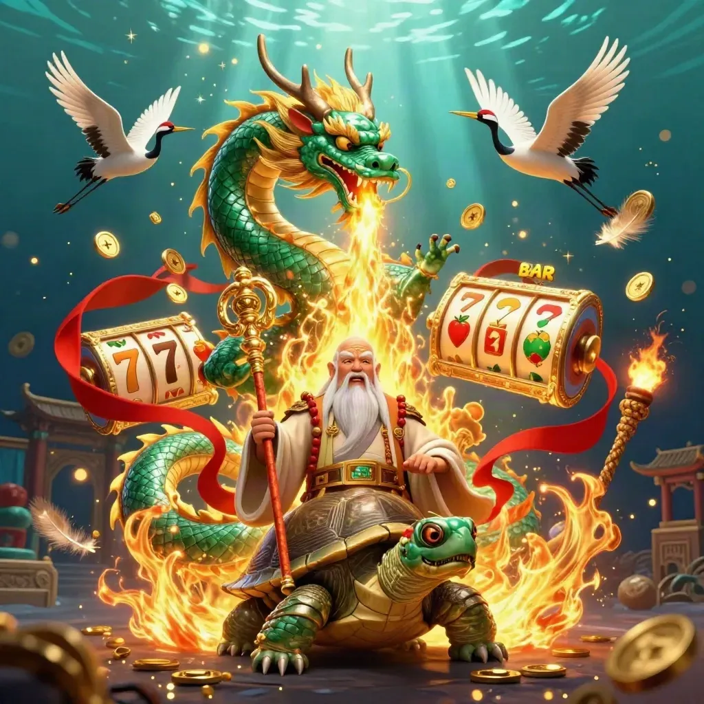 Emerald dragon, turtle sage, and cranes amid casino relics, fire, coins, and glowing reels.