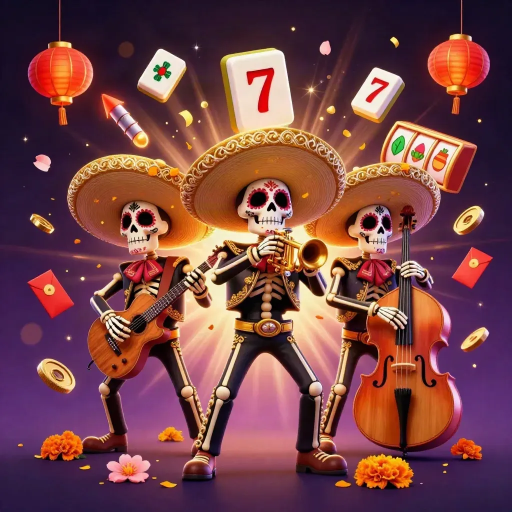 Skeleton mariachi trio amid lanterns, jade coins, petals, and casino reels in neon glow
