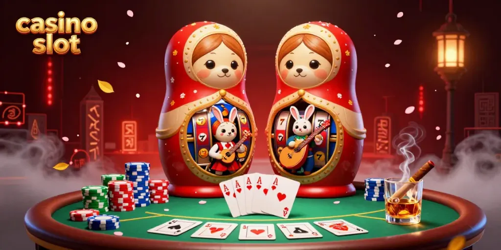 Experience the thrill of casino slot excitement with characters in a vibrant 3D scene, showcasing games and symbols.