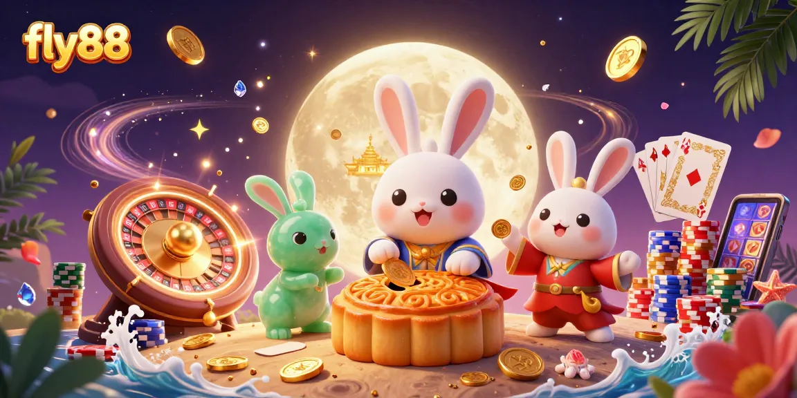Experience fly88 with a vibrant 3D illustration of moon rabbits and casino elements.