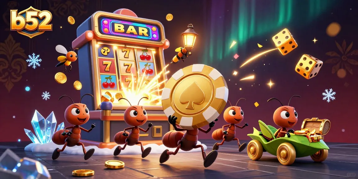 B52 team of ants conducting a heist through a casino with vibrant jackpot elements.