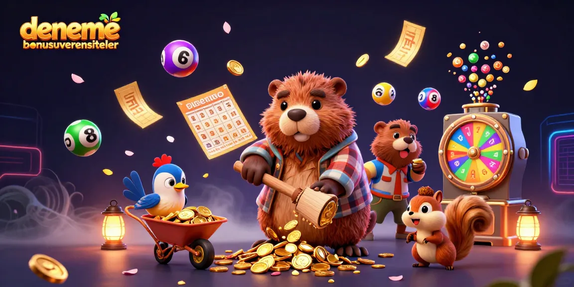 Experience denemebonusuverensiteler in action as a beaver chops a tree for golden coins amidst a vibrant lottery scene.