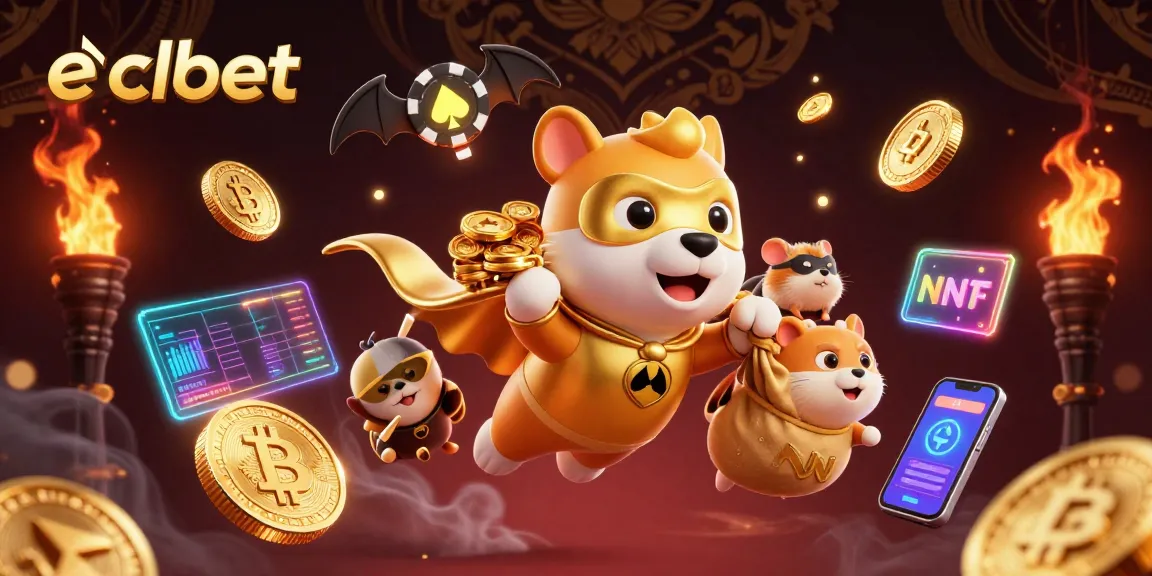 Join the adventure with eclbet's superhero dog and hamster in a vibrant casino scene.