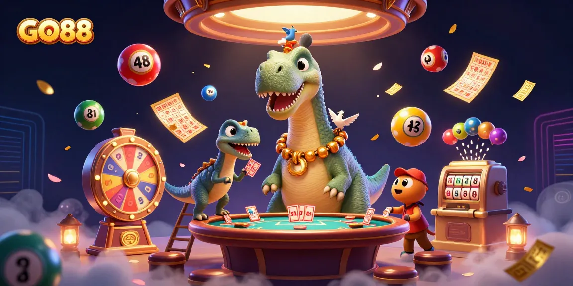 Experience the excitement of GO88 with a vibrant 3D casino illustration of unique characters and bustling game elements.