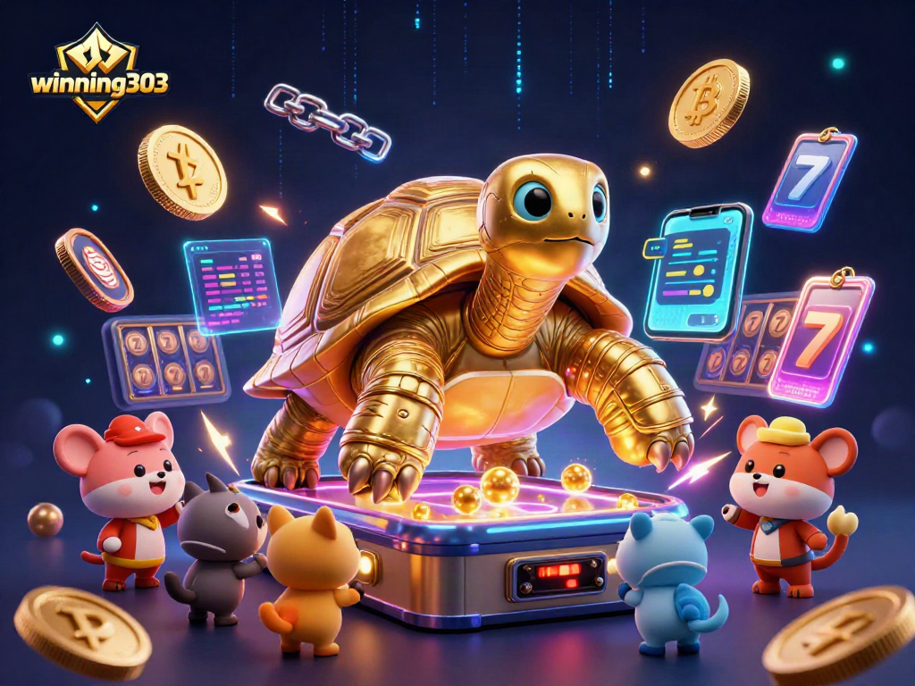 Winning303 showcases an exciting 3D gaming scene with a unique golden tortoise and vibrant slot elements.