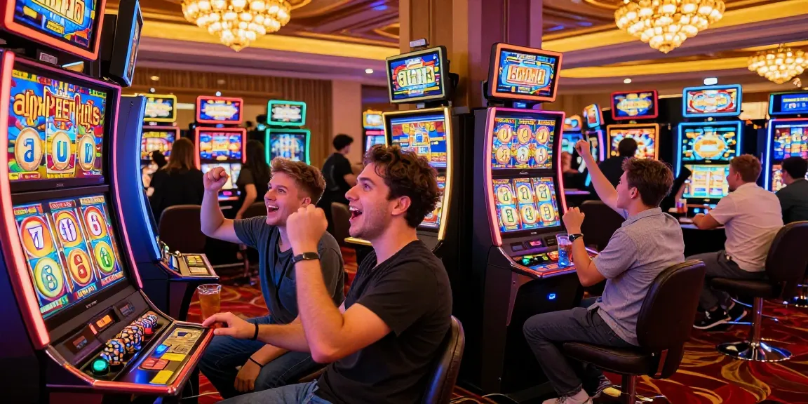 Dynamic casino scene with players enjoying slot 5k machines, vibrant energy and colorful decor.