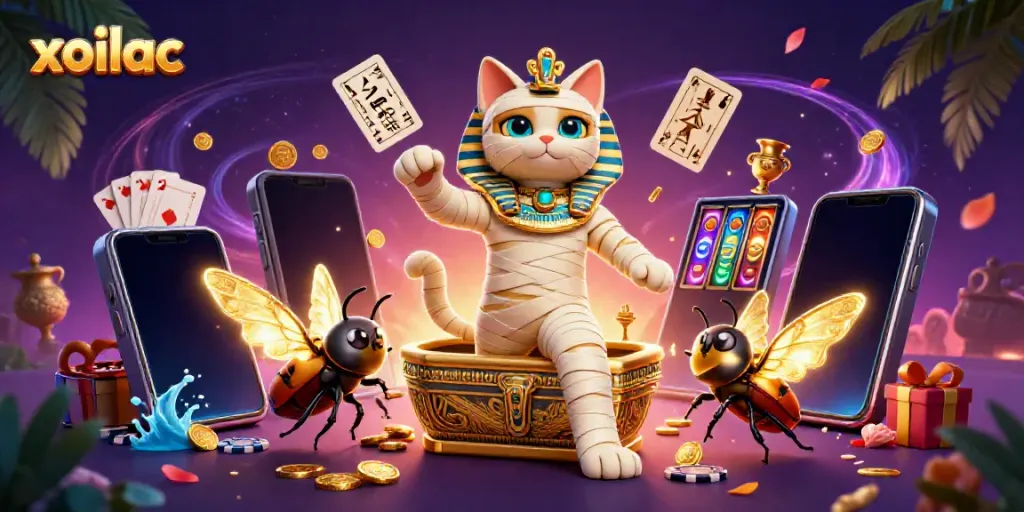 Xoilac offers exciting slots and casino action in a vibrant Egyptian-themed illustration.