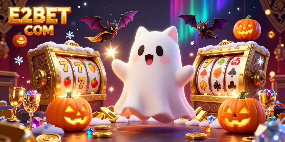 Experience thrilling gaming with E2BET COM in a vibrant casino scene featuring a ghost cat and vampire bat.