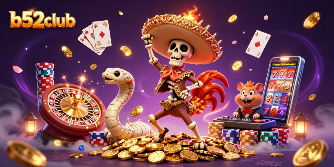 B52club offers exciting casino experiences with vibrant characters celebrating wins amidst cascading coins and colorful games.