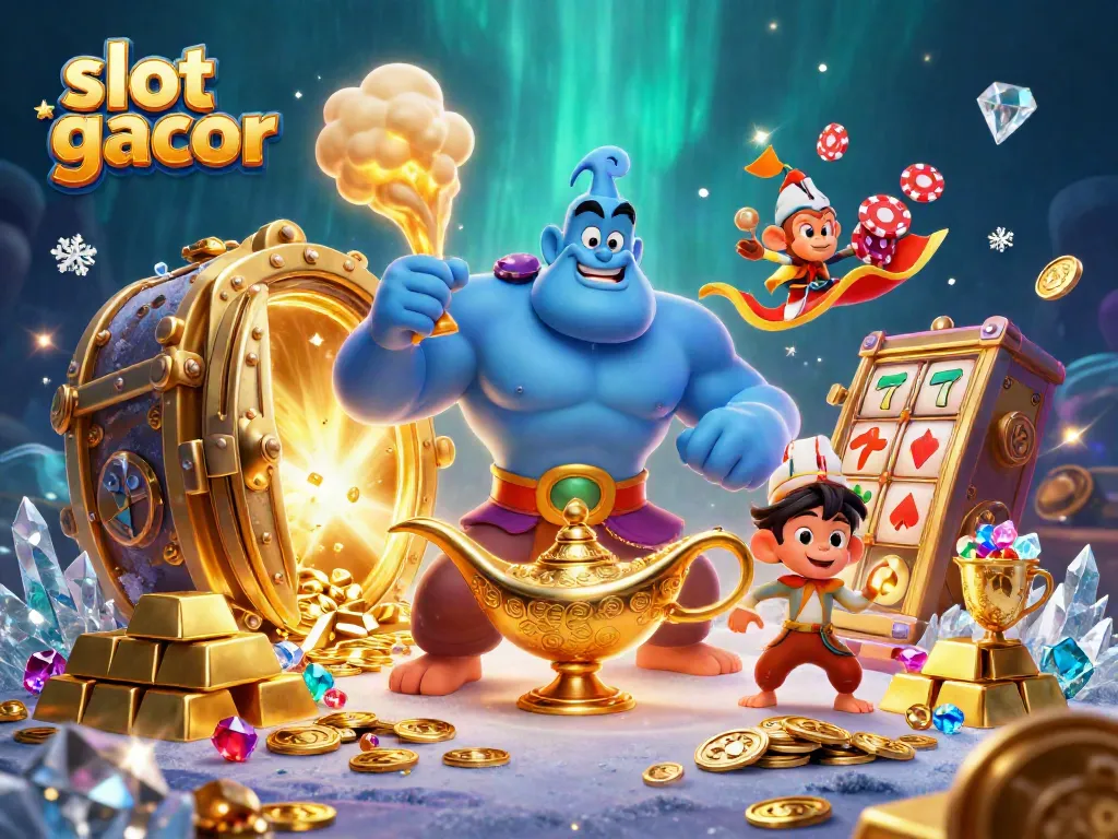 Ilustrasi slot gacor dengan jin biru dan koin keemasan senantiasa memikat.