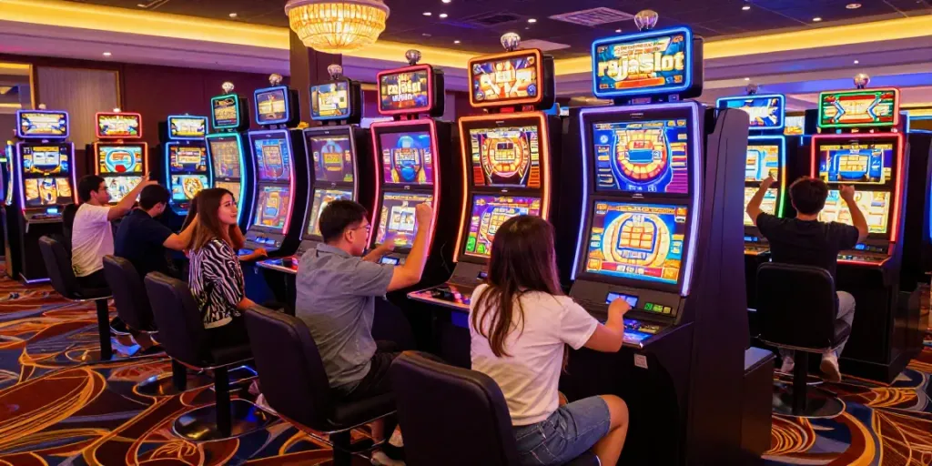 Excited players at slot machines celebrating big wins at a raja slot casino