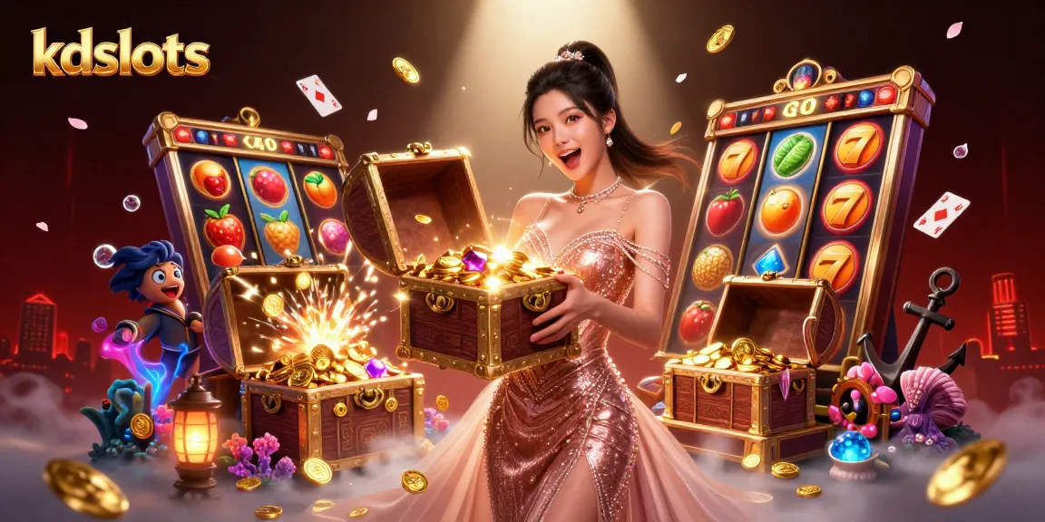 Engage with kdslots through thrilling slots action in a vibrant, treasure-filled digital casino scene.
