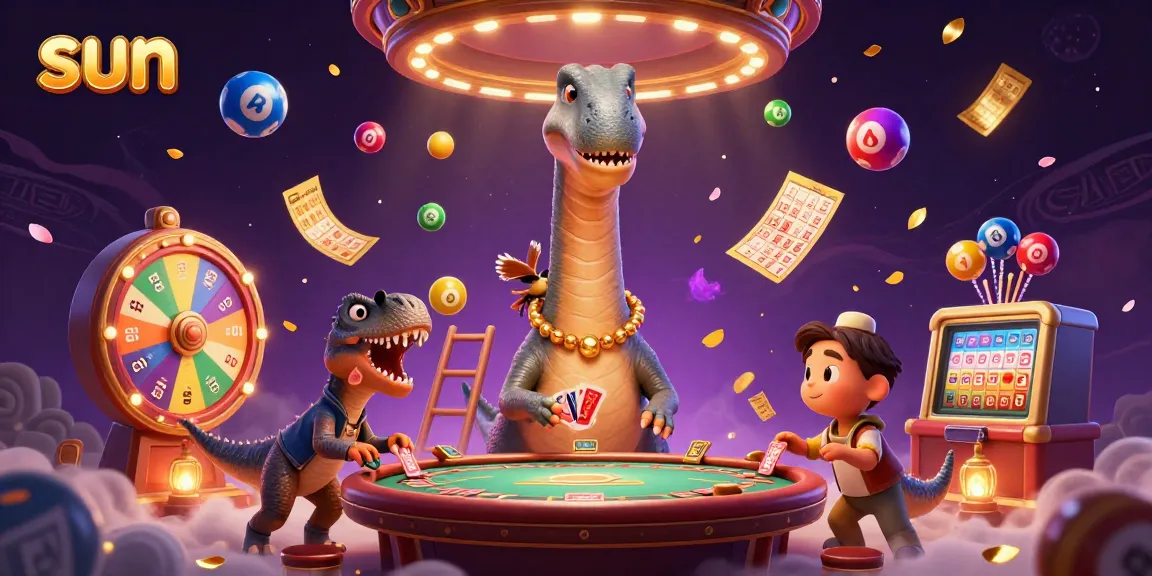 Experience thrilling casino action with the sun-themed brontosaurus and clever raptor illustration.